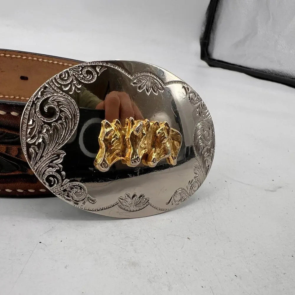 Vintage Western Belt Mens 30 Brown Floral Embossed Cowhide Bull Rider Cowboy
